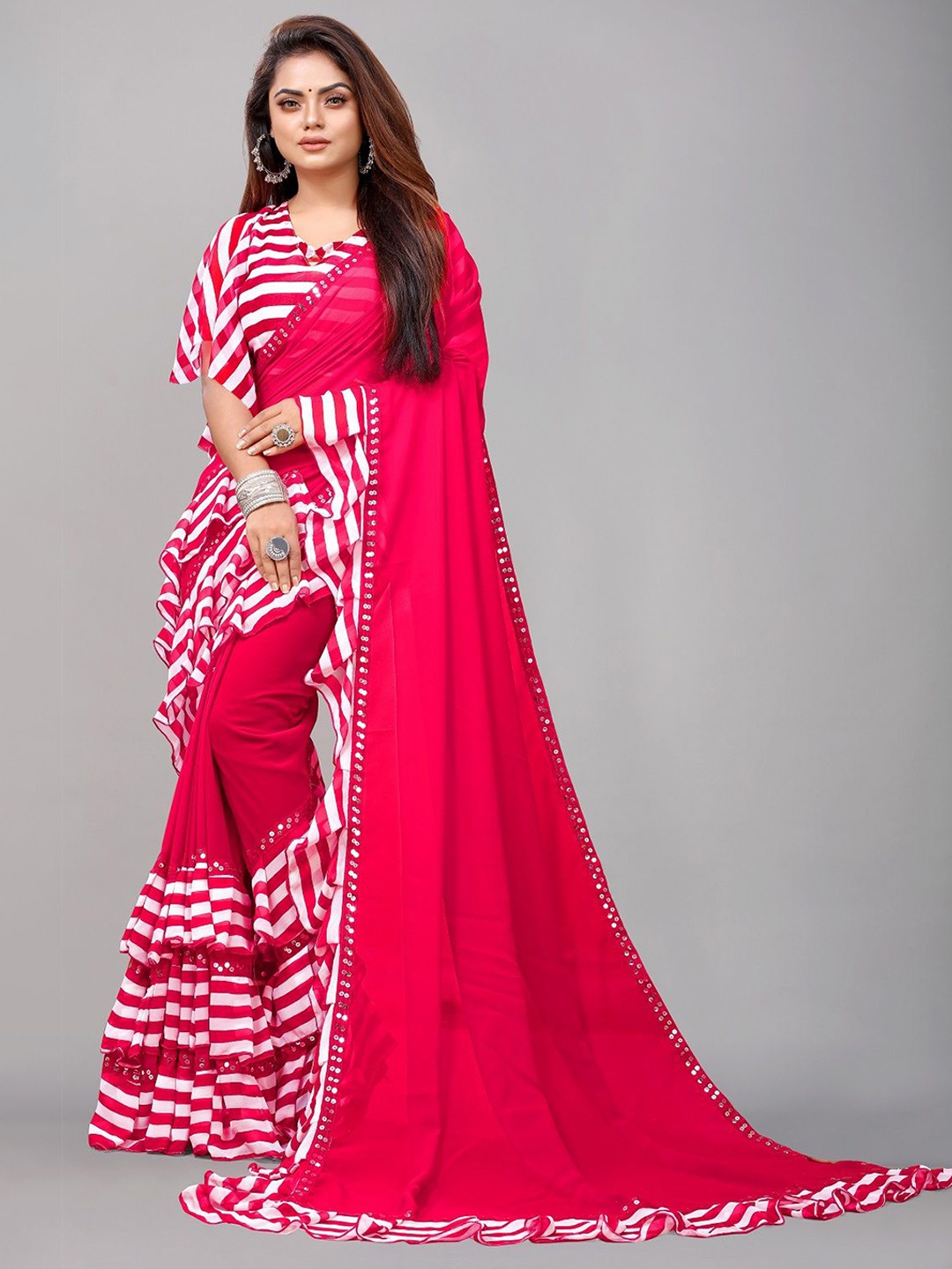 

Moda Rapido Leheriya Mirror Work Ruffles Pure Georgette Leheriya Saree, Pink