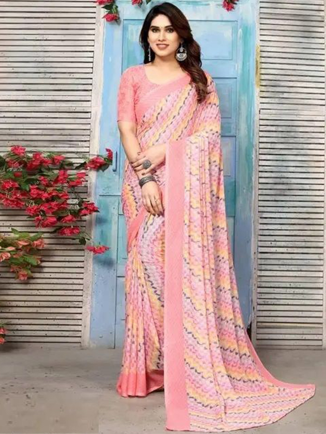 

Styleveda Floral Block Printed Saree, Peach