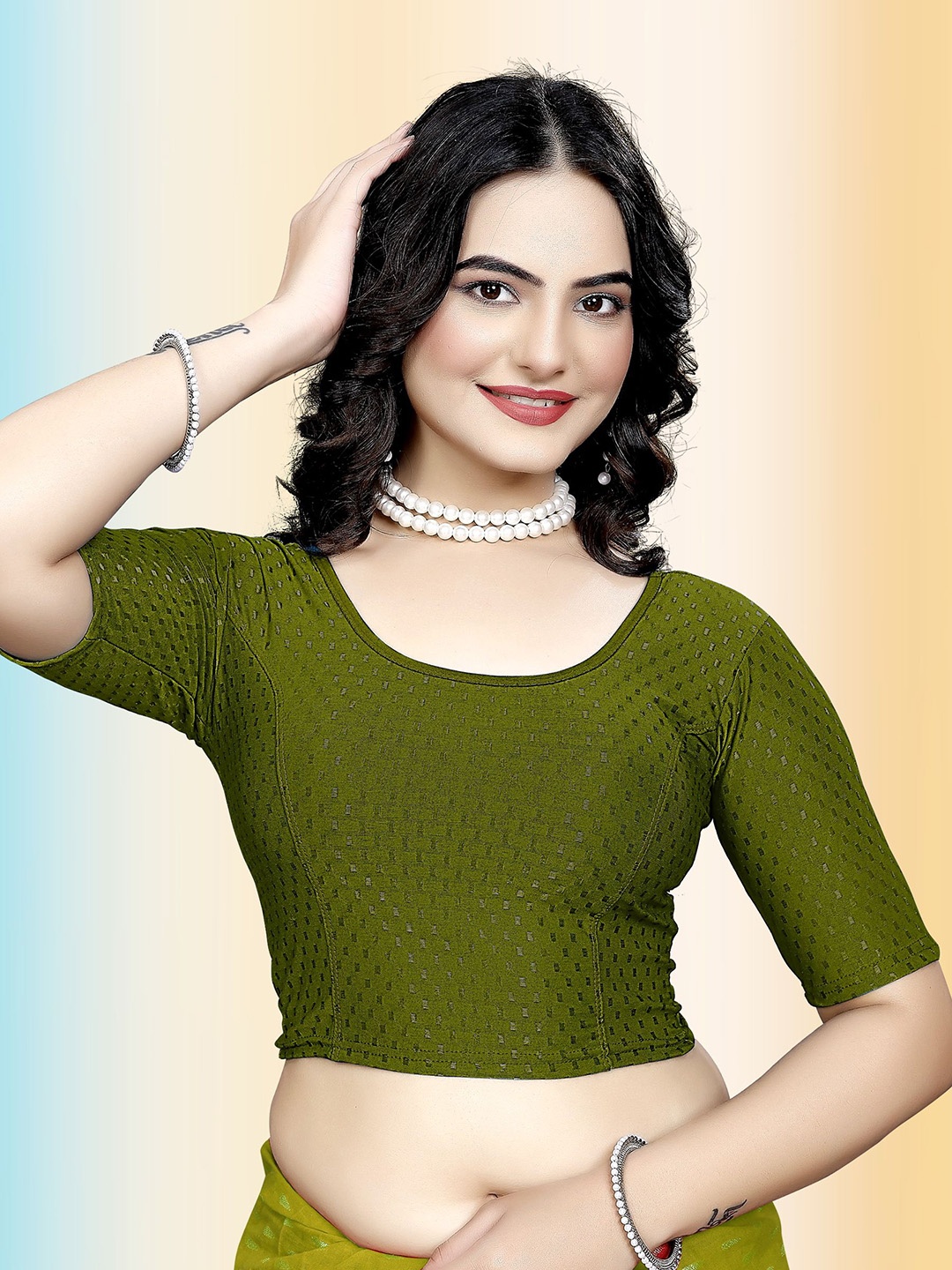 

TANISHM FEB TEX Embellished Round Neck Stretchable Saree Blouse, Olive