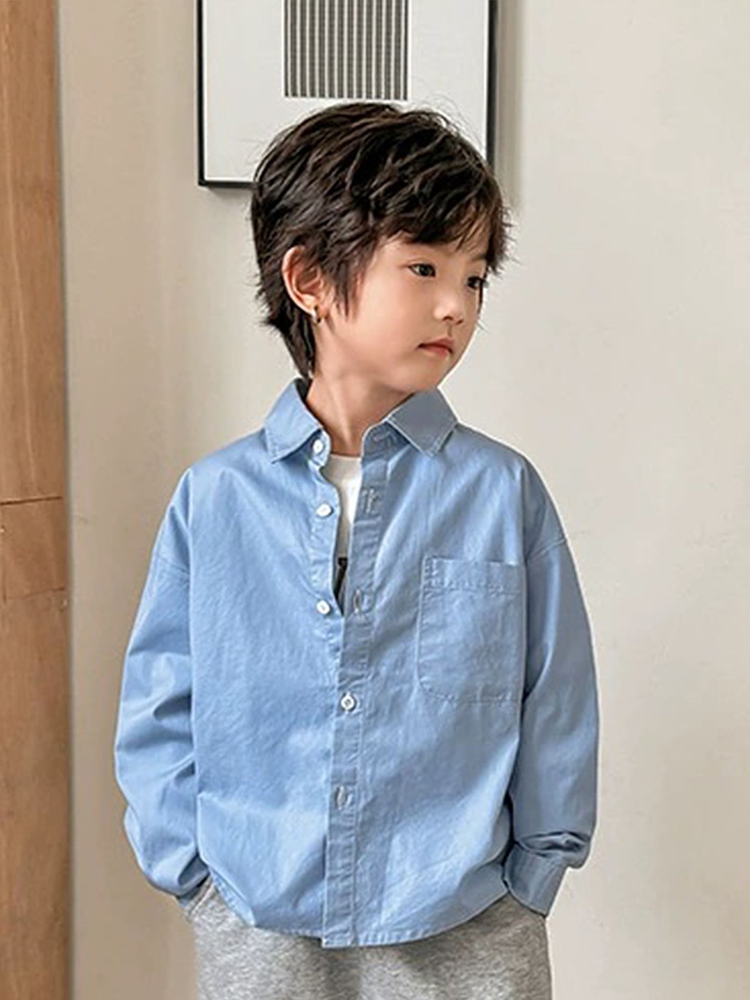 

LULU & SKY Boys Relaxed Fit Spread Collar Solid Cotton Casual Shirt, Blue
