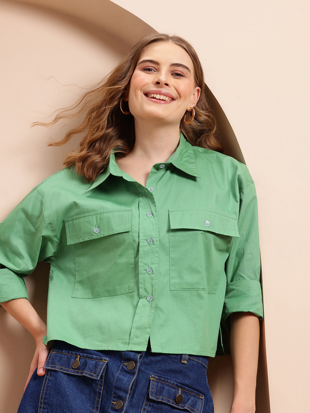 

Mast & Harbour Cotton Boxy Opaque Casual Shirt, Green