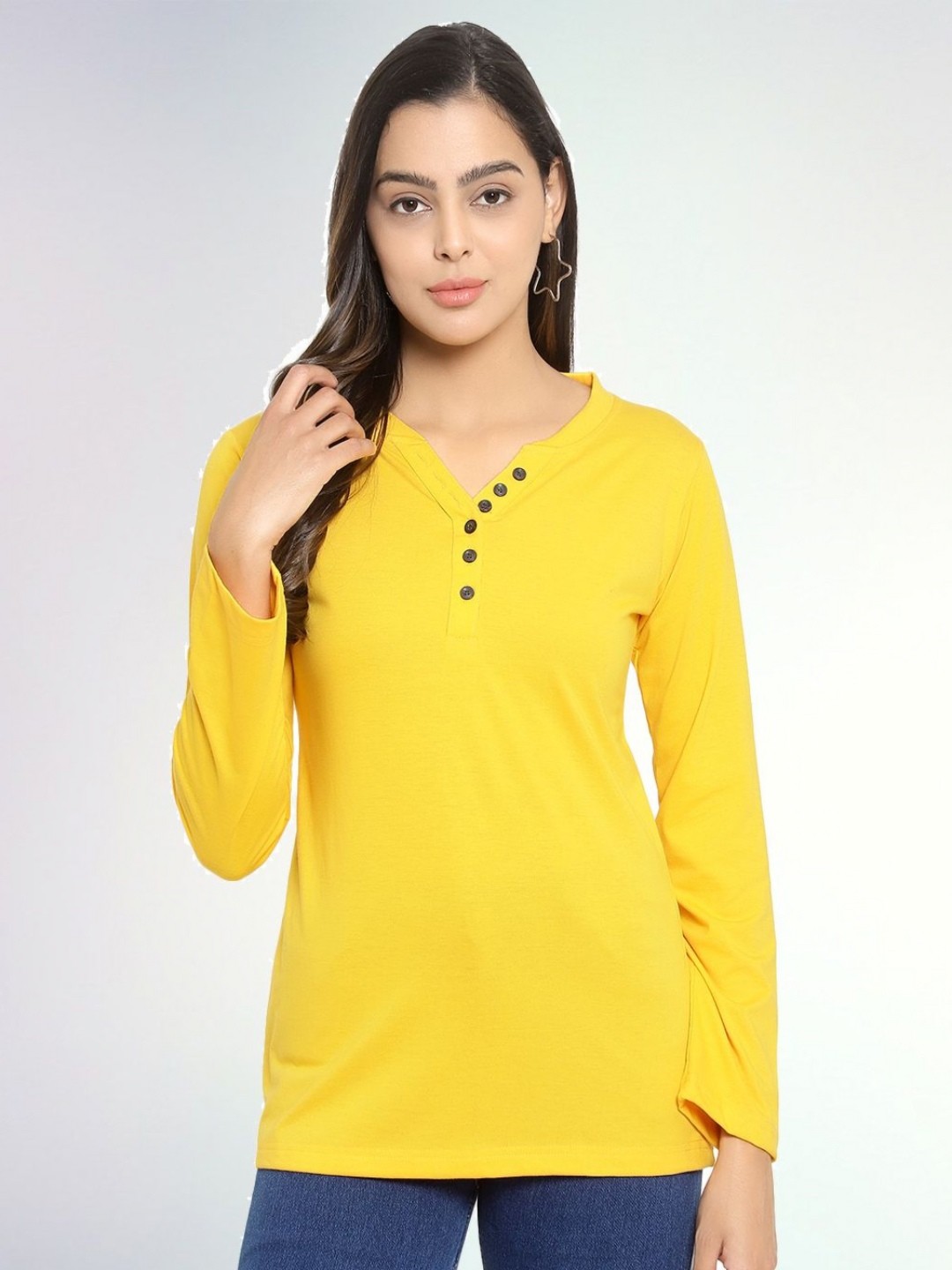 

Boldwink Women Solid V-Neck Cotton Slim Fit T-shirt, Mustard
