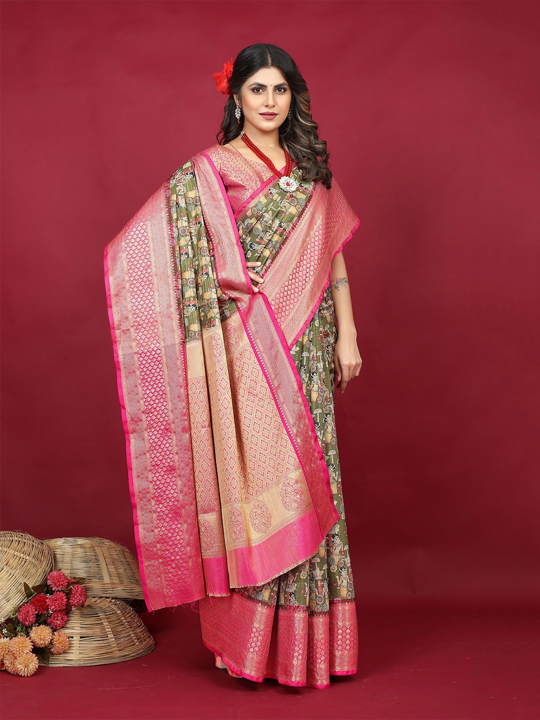

Kandora Woven Design Pure Silk Banarasi Saree, Olive