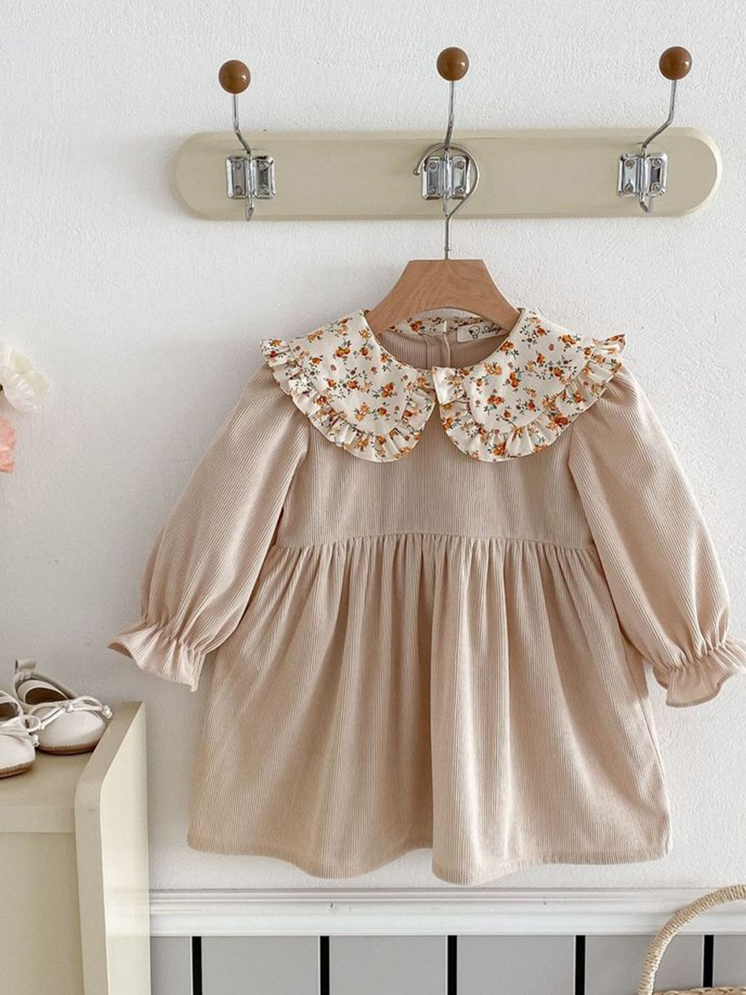 

LULU & SKY Girls Puff Sleeves Fit & Flare Dress, Beige