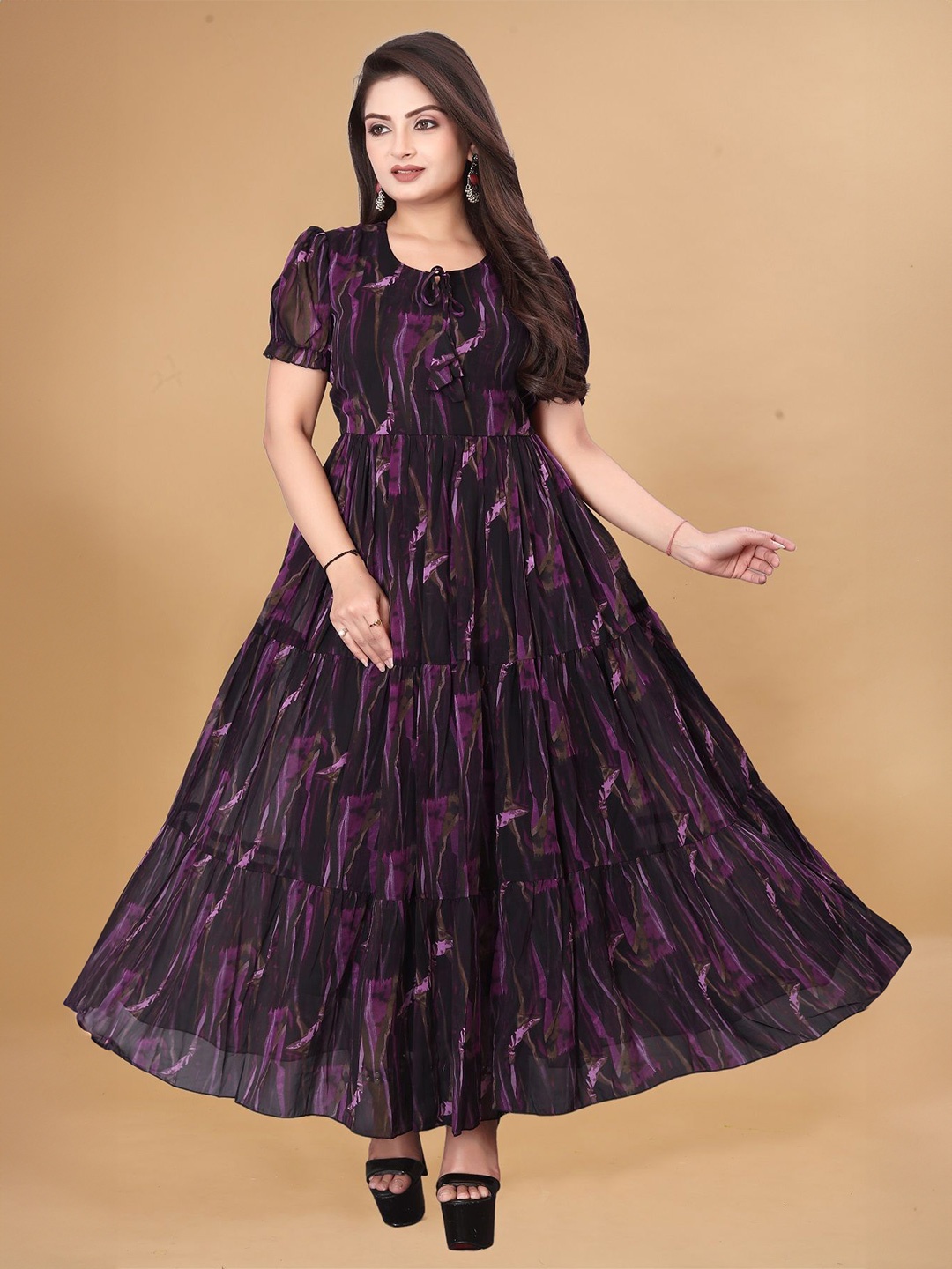 

KRISHTI CREATION Print Puff Sleeve Georgette Fit & Flare Maxi Dress, Purple