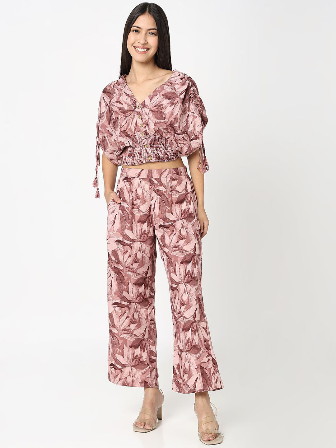 

ONLY Floral Printed V-Neck Top With Trousers, Pink