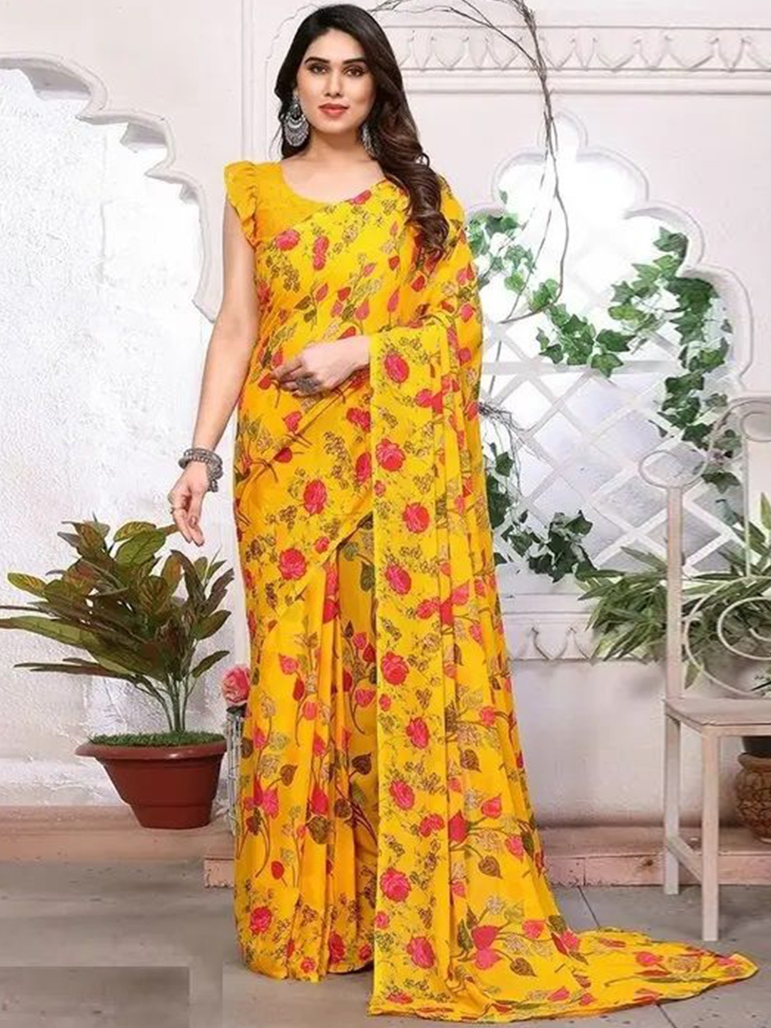 

Styleveda Floral Block Print Saree, Yellow