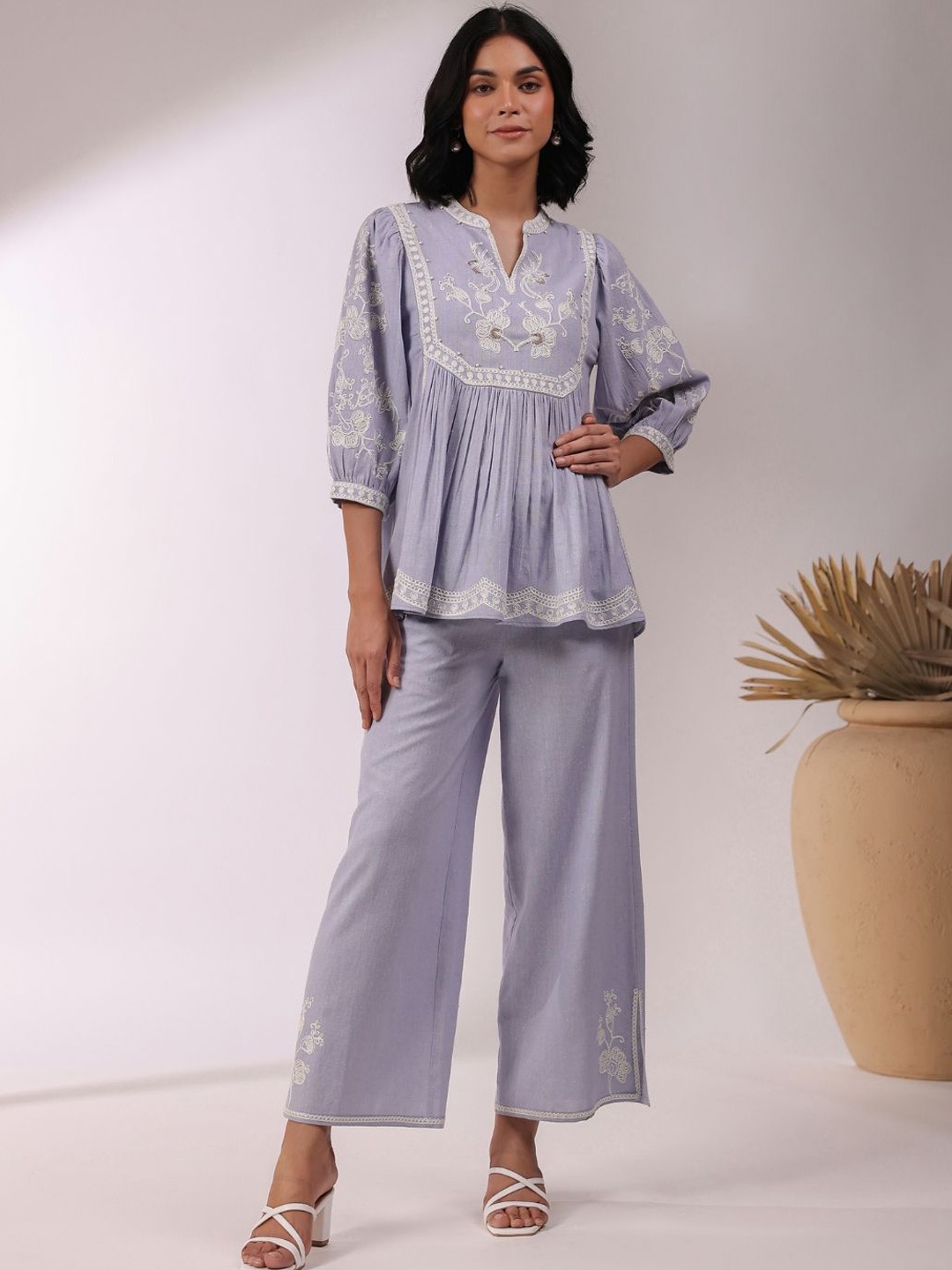 

ANUSHEET Embroidered Tunic With Trousers Co-Ords, Purple