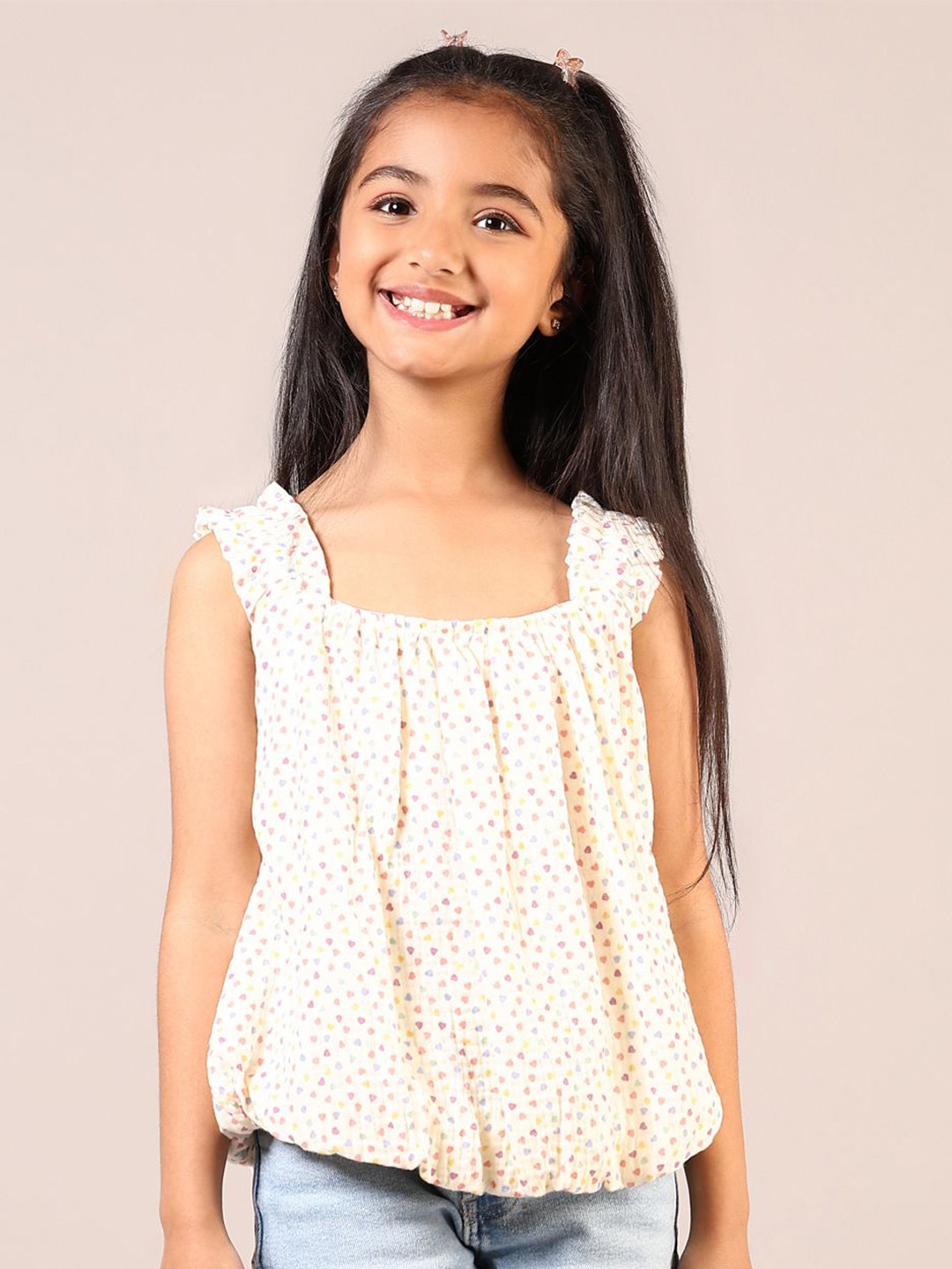 

V-Mart Girls Printed Square Neck Cotton Top, Off white