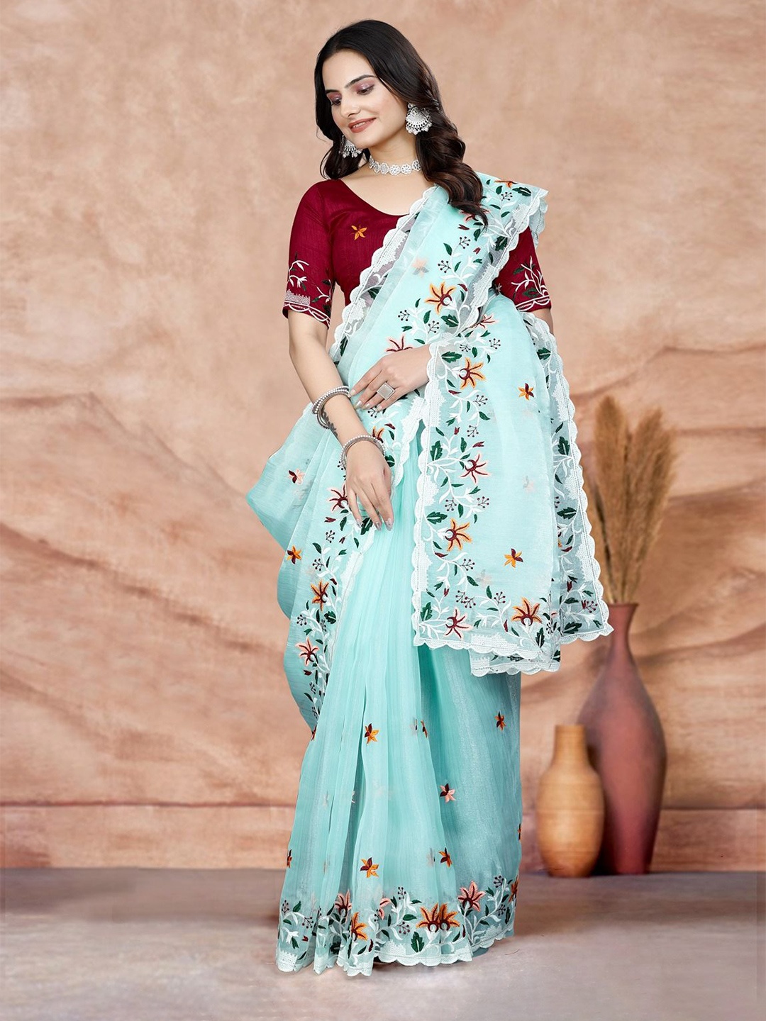 

DHRUTI CREATION Floral Embroidered Organza Saree, Blue