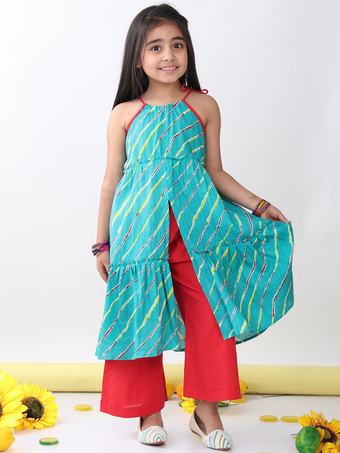 

Sangria Girls Leheriya Printed Pure Cotton Tiered A-Line Kurta With Palazzos, Blue