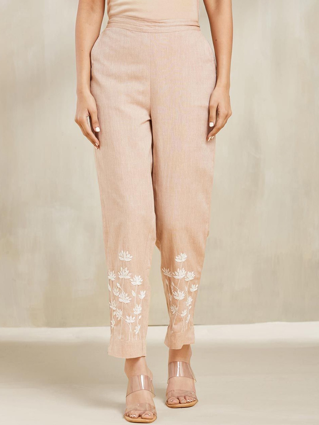 

Fabindia Women Cotton Embroidered Slim Fit Trousers, Beige