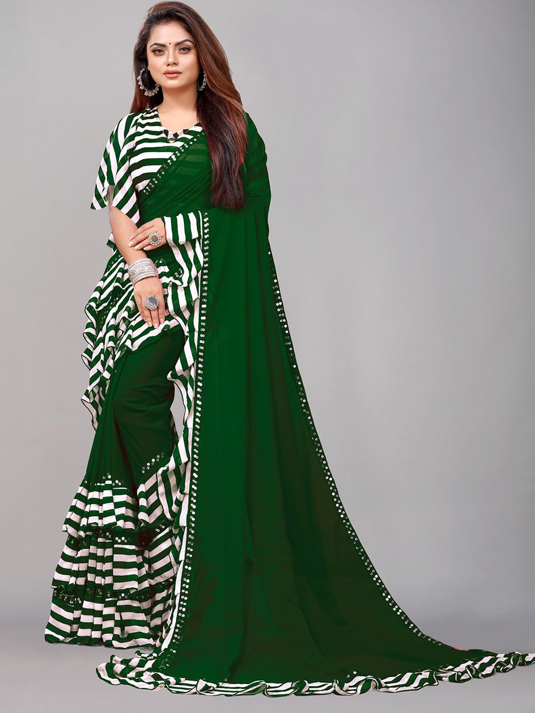 

Moda Rapido Leheriya Mirror Work Pure Georgette Leheriya Saree, Green