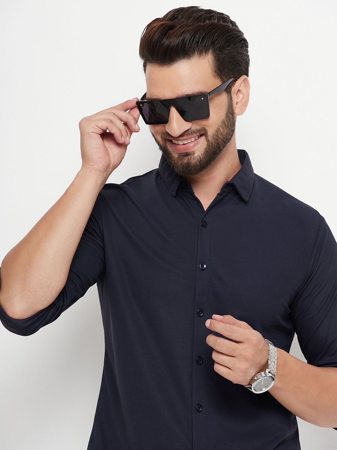 

RENUOVO Men Spread Collar Solid Cotton Formal Shirt, Navy blue