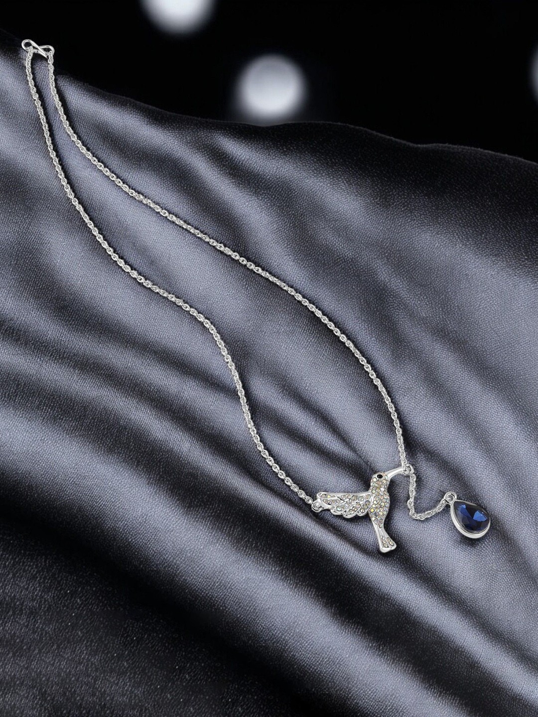 

Mahi Rhodium-Plated Hummingbird-Shaped Pendants with Chains, Blue