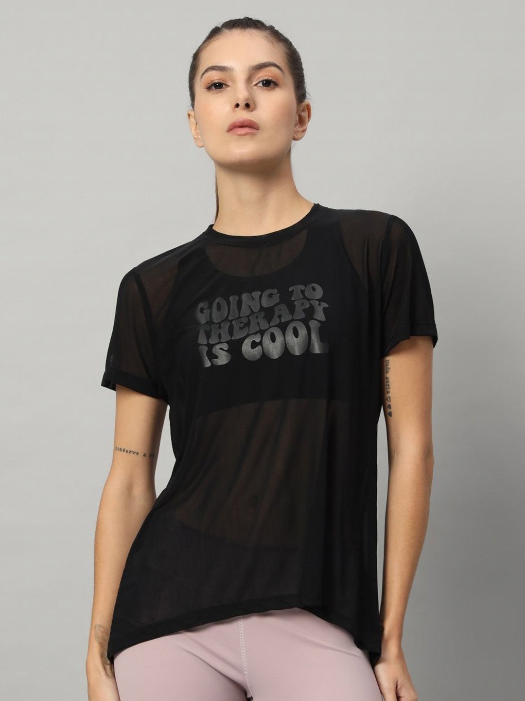 

MKH Women Dri-FIT Typography Printed Round Neck T-shirt, Black