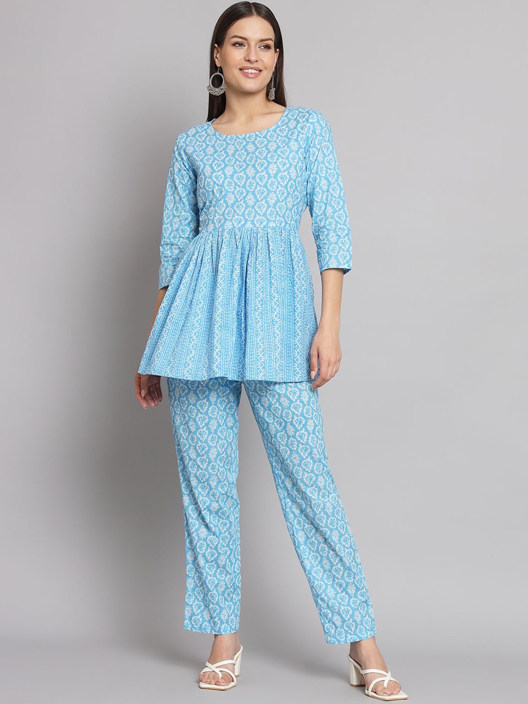 

COTNUF Printed Pure Cotton Tunic With Trouser Co-Ords, Blue