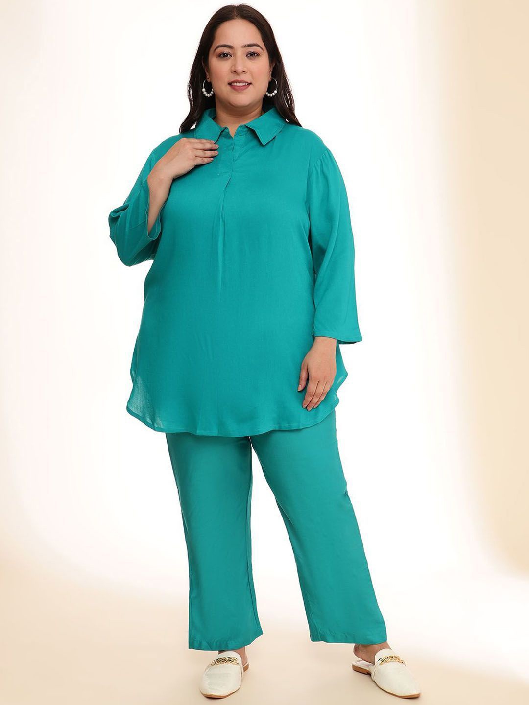 

DressBerry Curve Plus Size Shirt Collar Tunic With Trousers, Turquoise blue