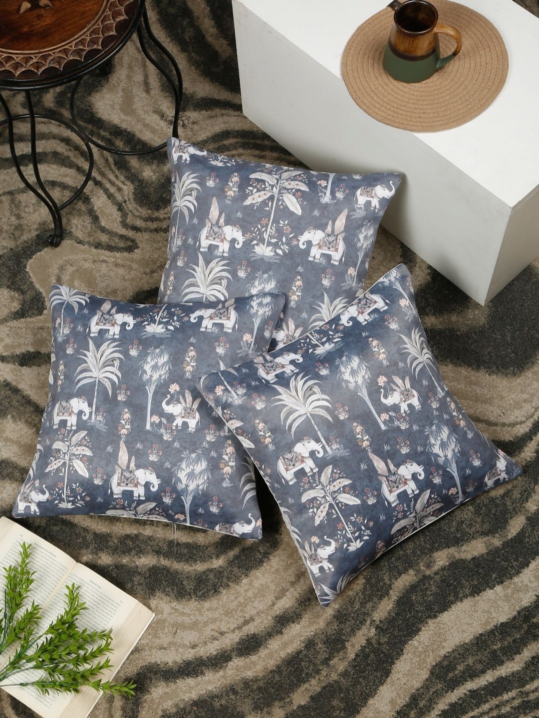 

SOKNACK Grey And White 3 Pieces Ethnic Motifs Velvet Square Cushion Covers