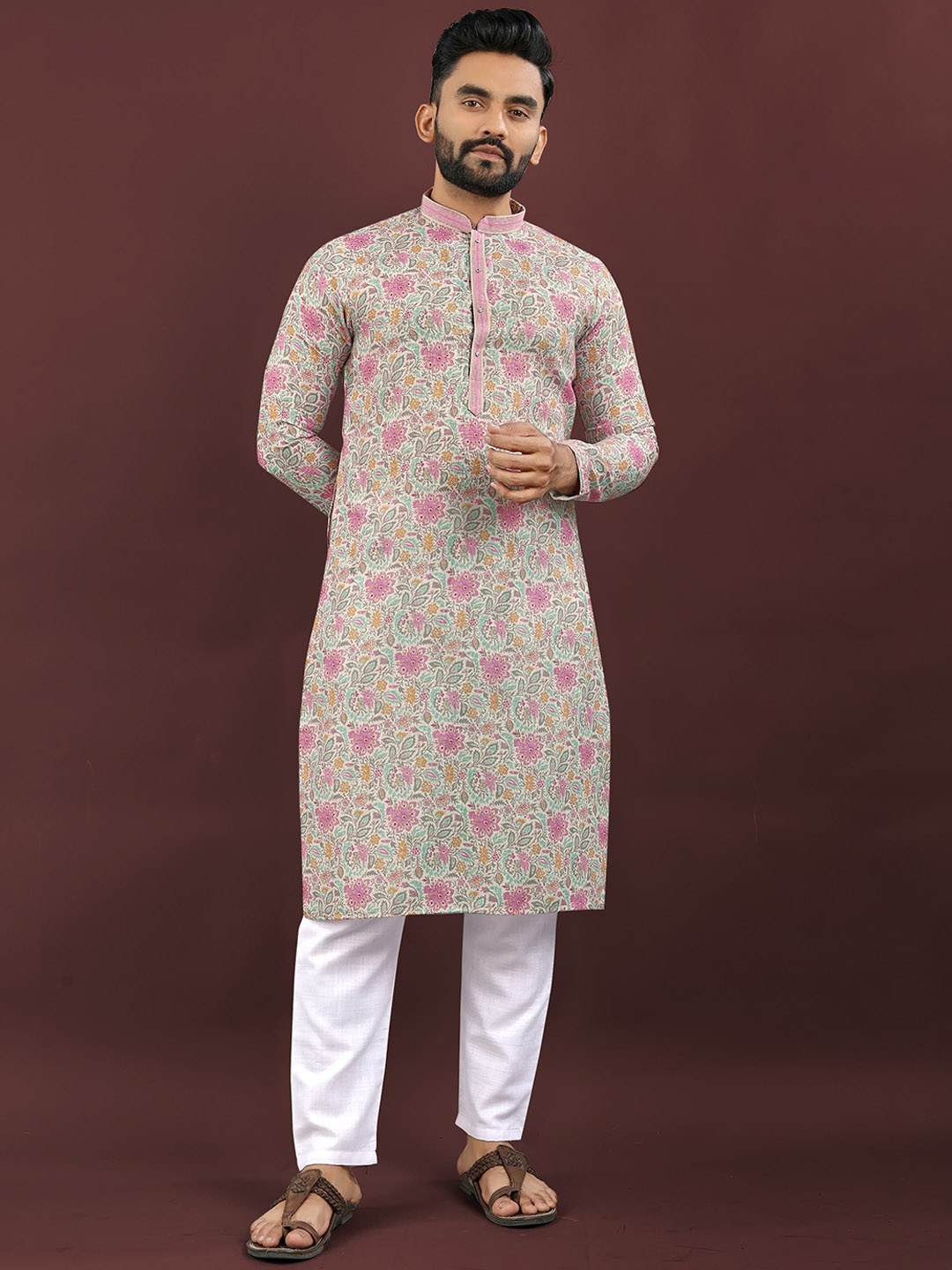 

Zurika Fashion Floral Printed Mandarin Collar Straight Kurta, Beige