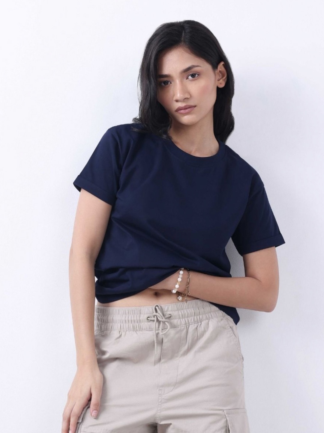 

Bonnaty Women Solid Round Neck Cotton T-shirt, Navy blue