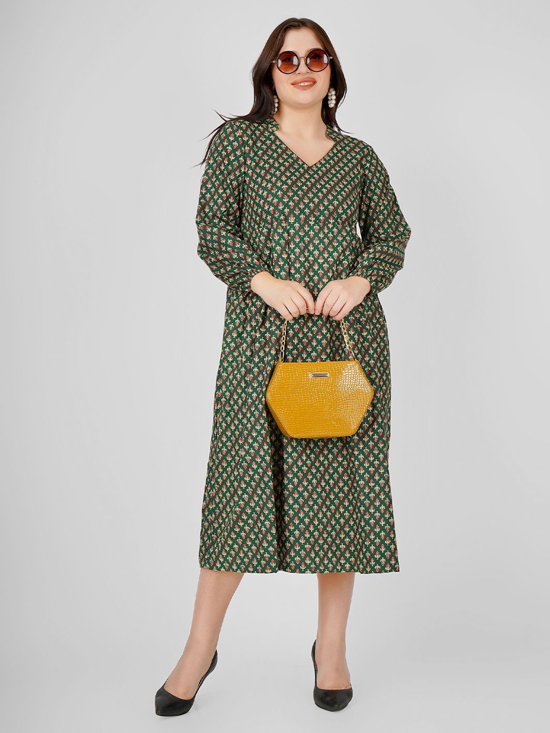 

UNLOKALE Women Cotton Puff Sleeve Fit & Flare Midi Dress, Green