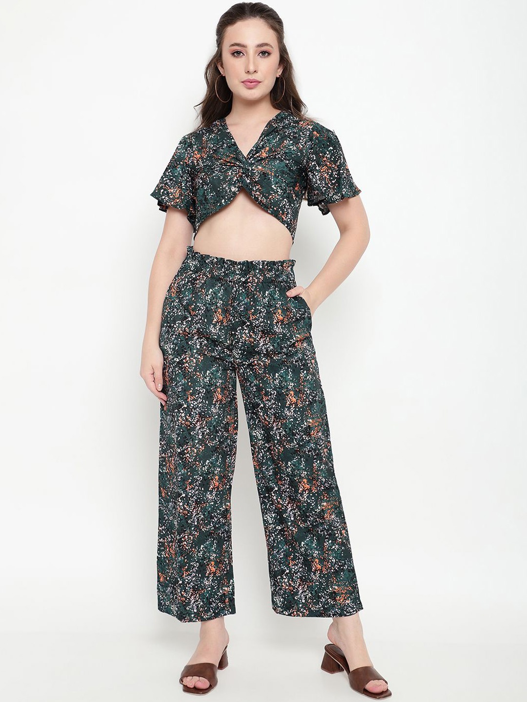 

Satrisha Abstract Printed V-Neck Twisted Knot Crop Top With Trouser, Green