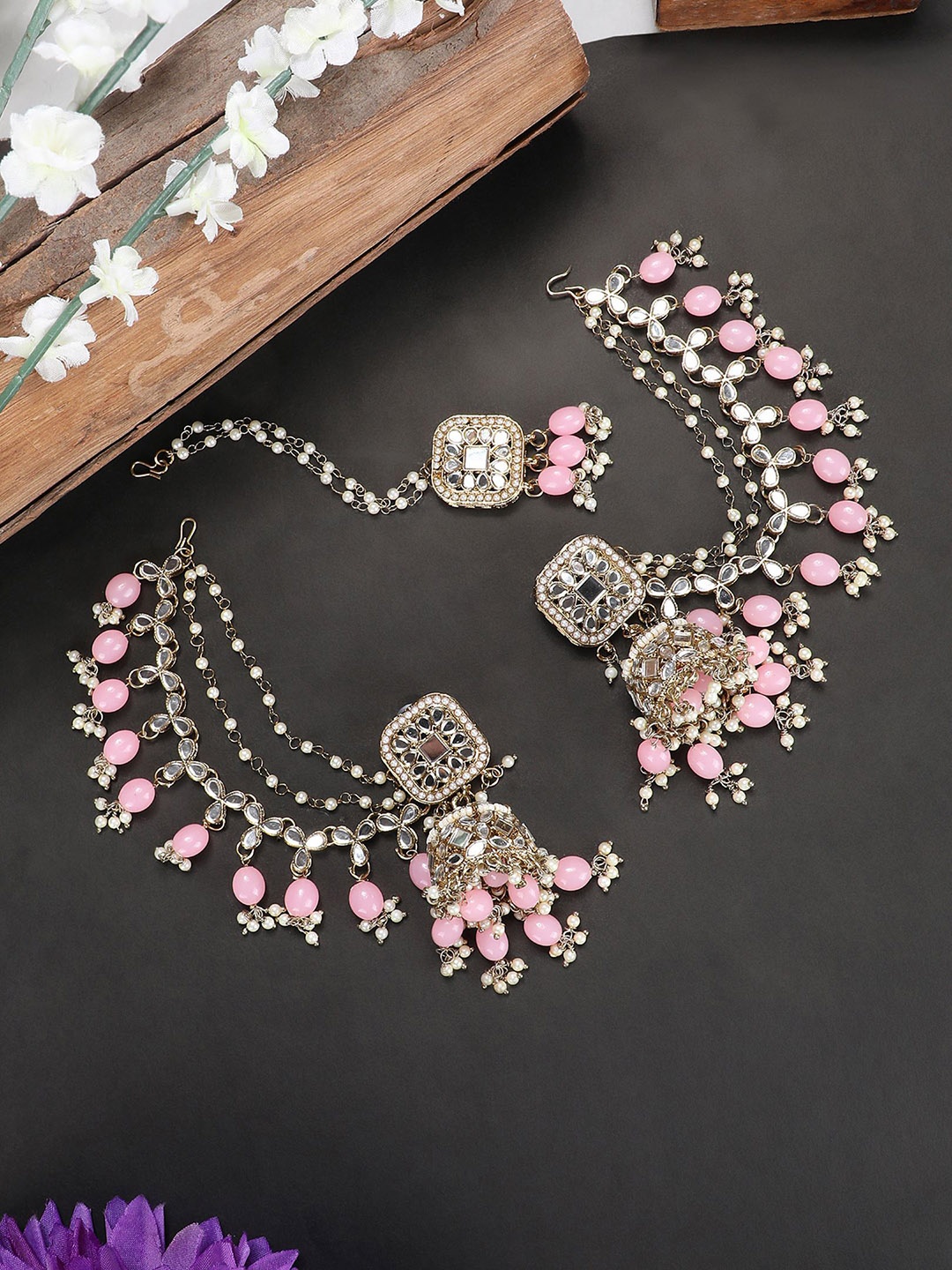 

EVY Dome Shaped Copper Plated Artificial Stones And Beads Drop Earrings, Pink