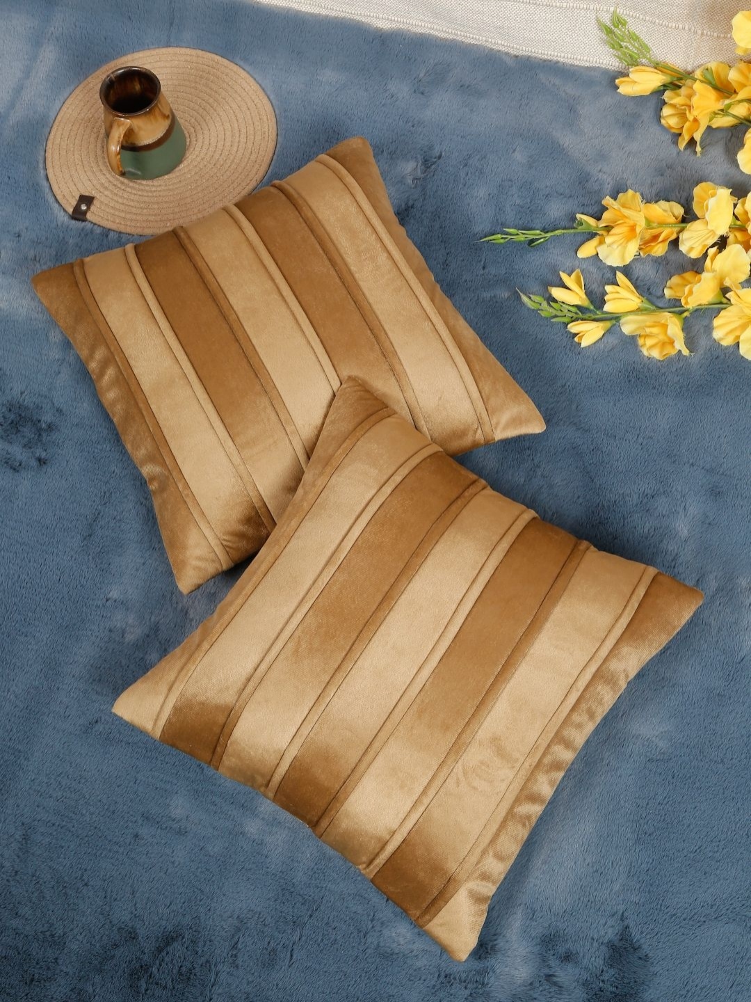 

SOKNACK Camel Brown 2 Pieces Striped Velvet Square Cushion Covers