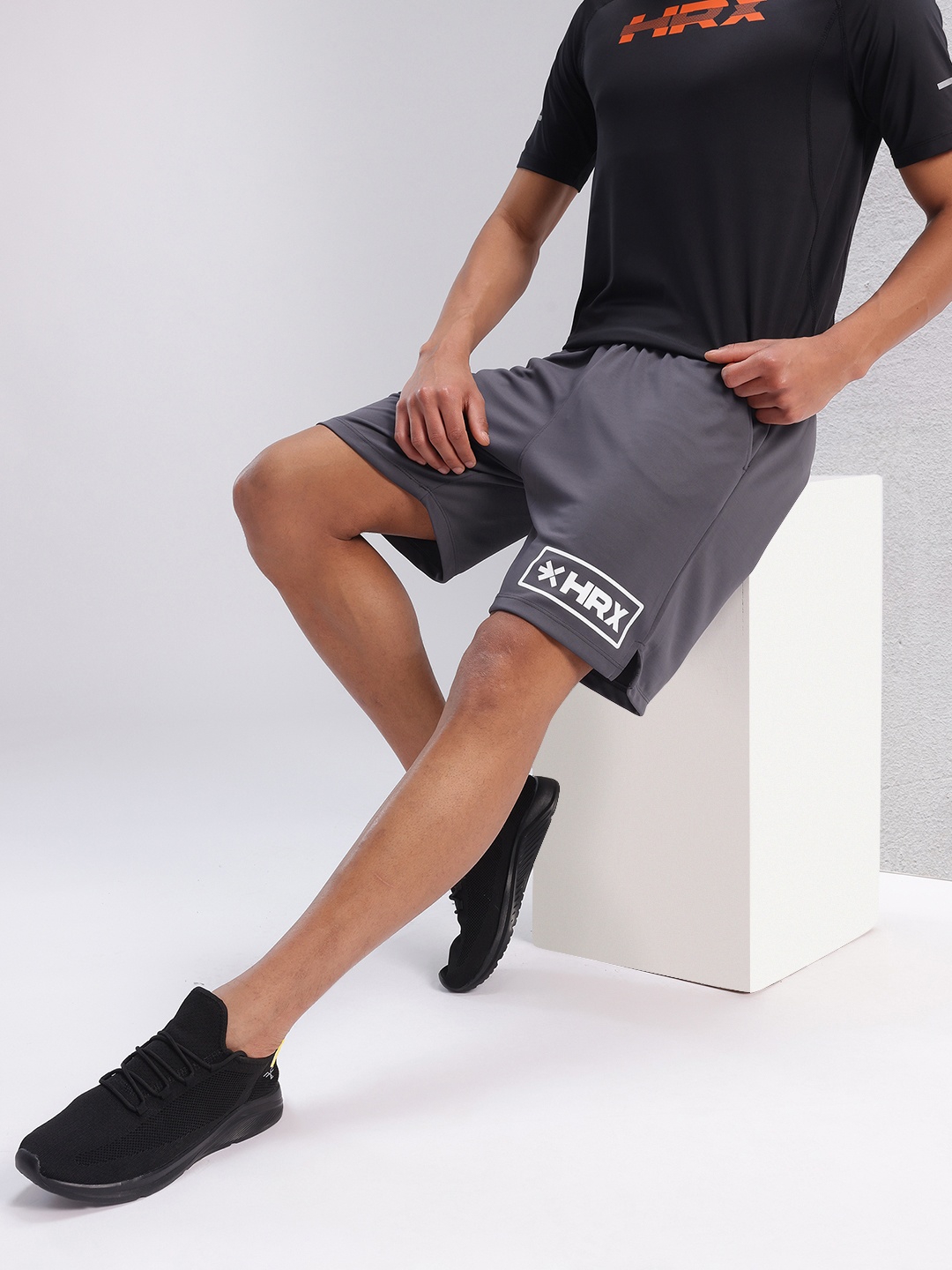 

HRX by Hrithik Roshan Men Brand Logo Print Regular Fit Rapid-Dry Training Shorts, Grey