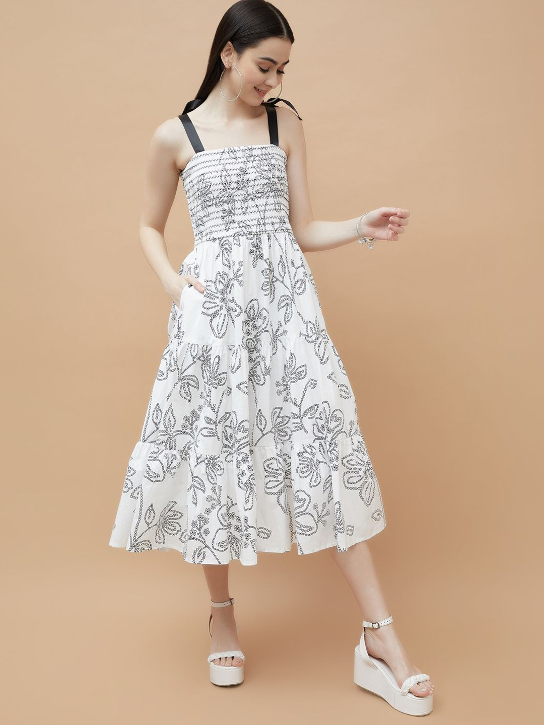 

Colour Me by Melange Floral Printed Shoulder Straps Fit & Flare Midi Dress, White