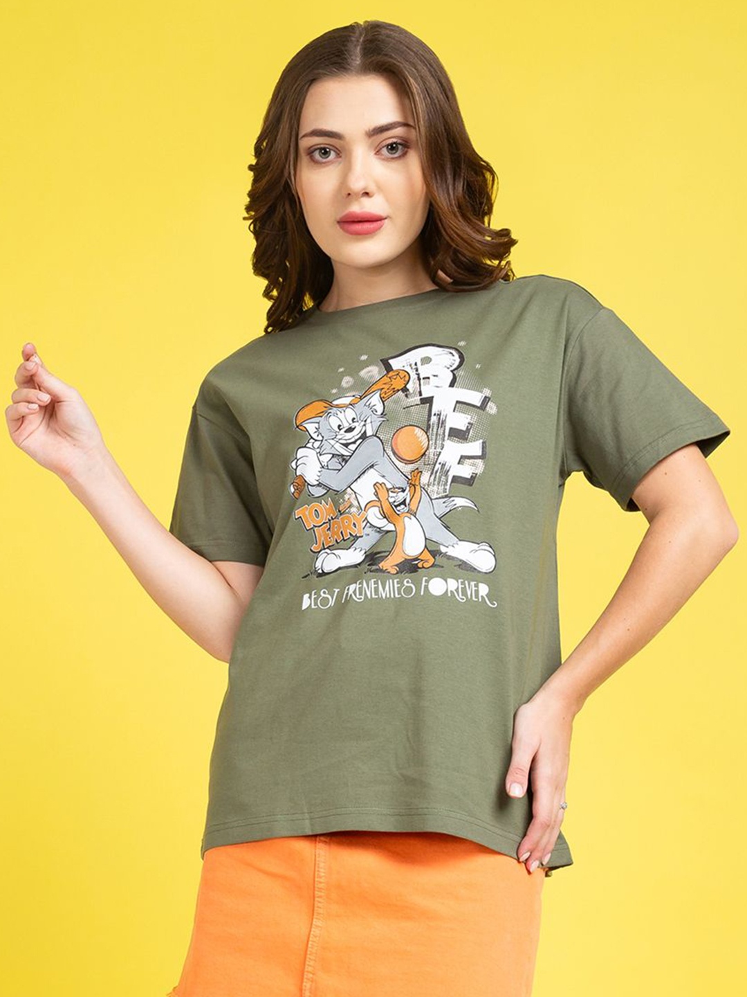 

Kook N Keech Toons Women Tom & Jerry Graphic Printed Round Neck Cotton Oversized T-shirt, Olive