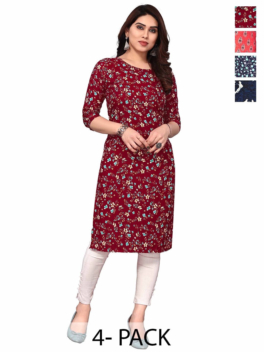 

KETAKI FASHION Selection Of 4 Floral Printed Round Neck Straight Kurtas, Red
