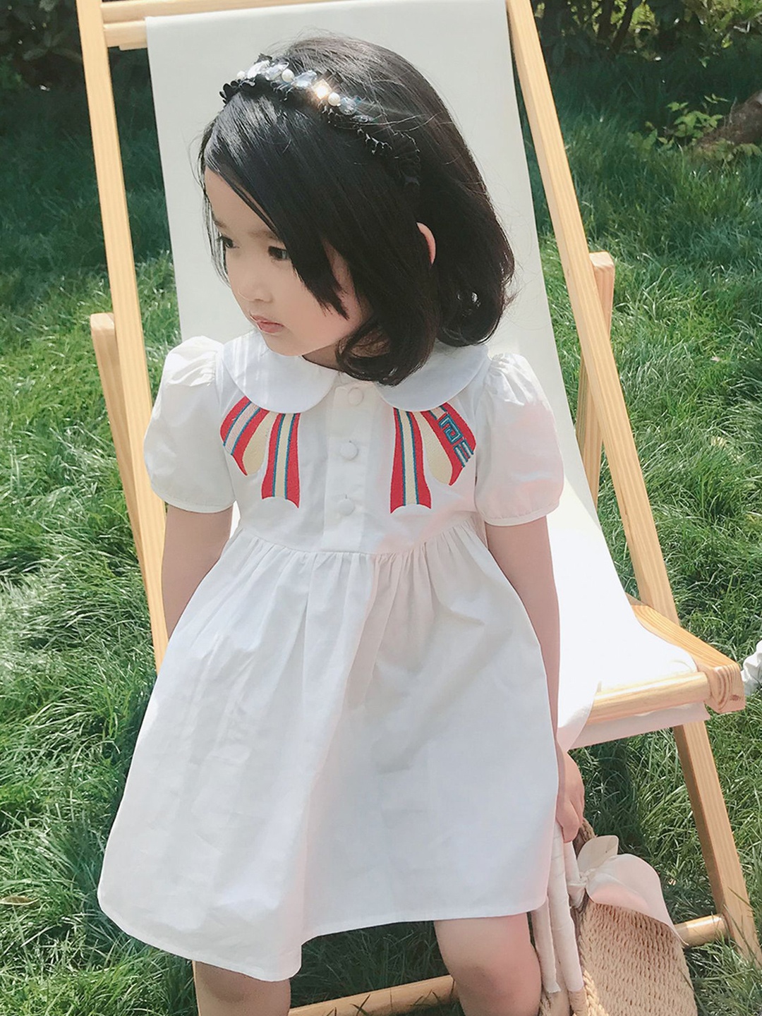 

LULU & SKY Kids-Girls Print Puff Sleeve Empire A-Line Dress, White