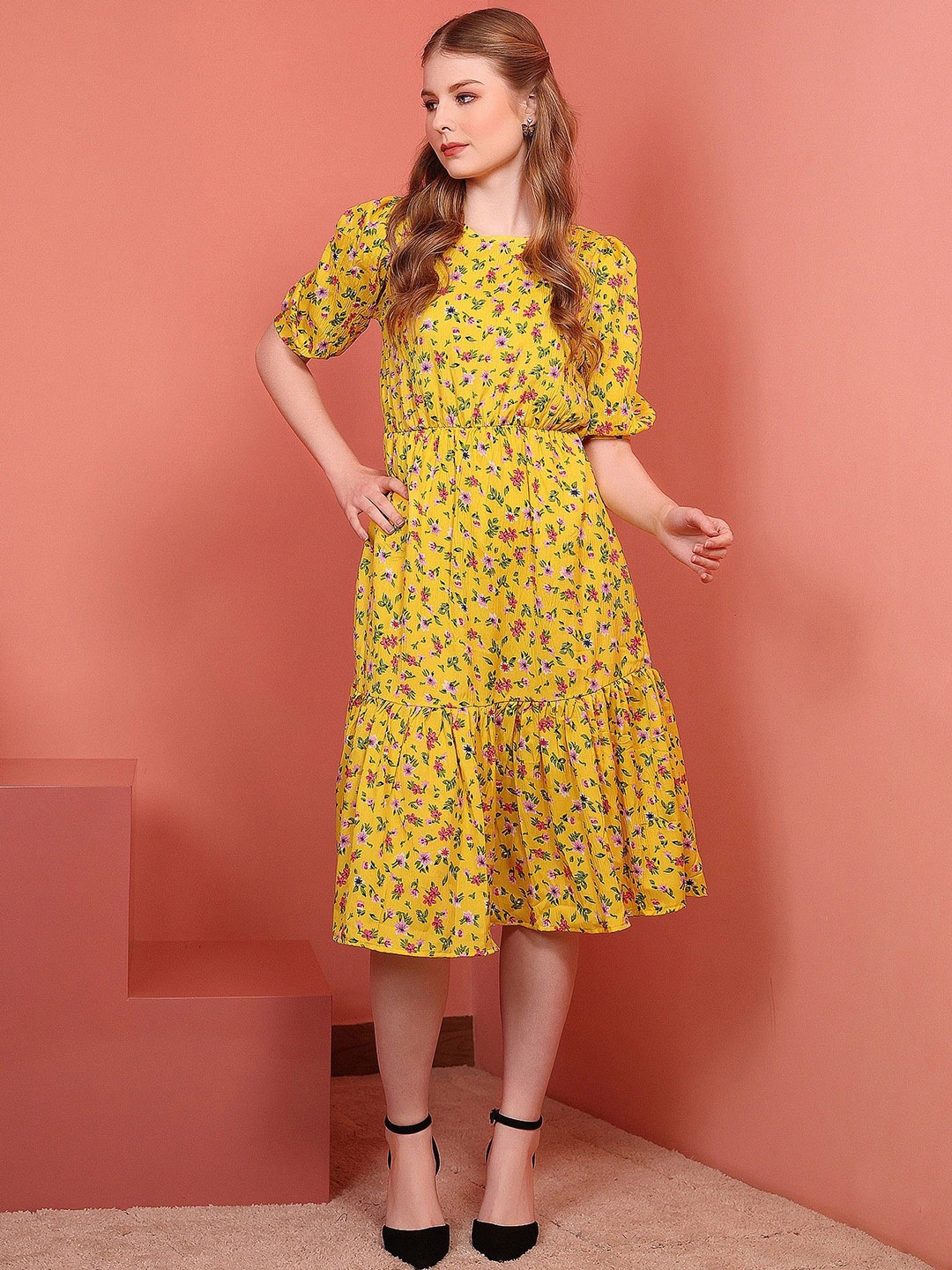 

Istyle Can Floral Printed A-Line Midi Dress, Mustard