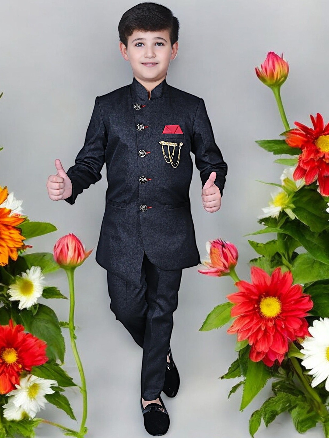 

Qitty Boys 2 Piece Mandarin Collar Bandhgala Jodhpuri Blazer With Trouser, Black