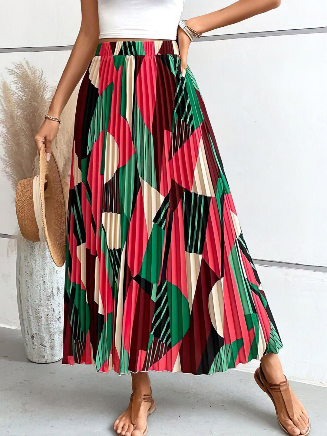 

ZWERLON Printed Accordion Pleats Detail Flared Maxi Skirt, Red