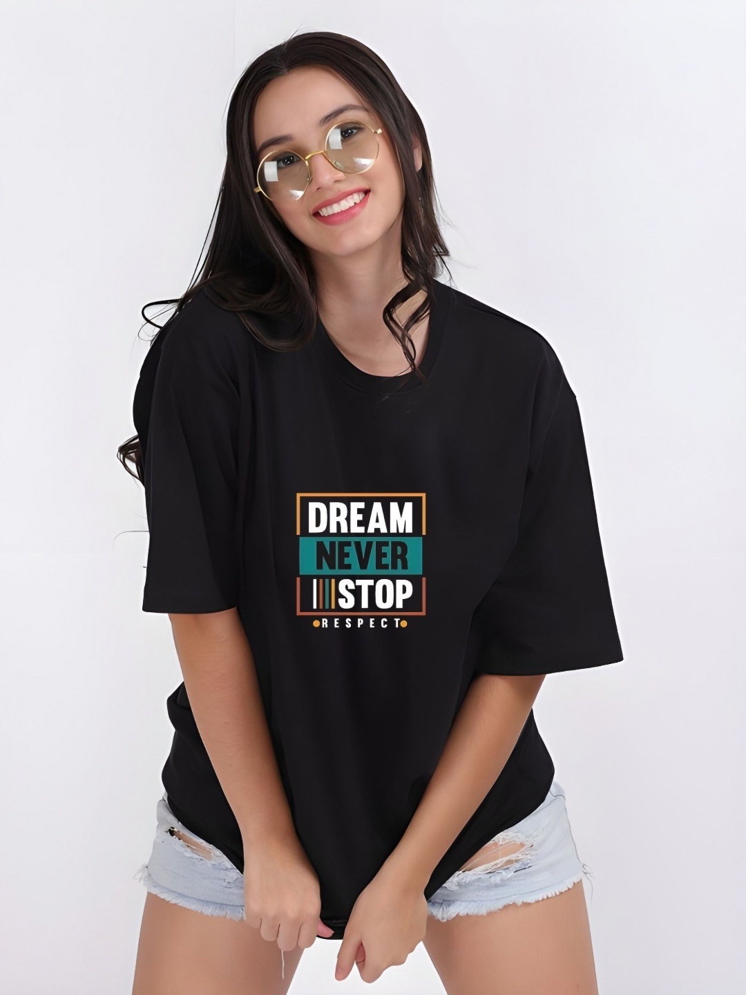 

Moda Rapido Women Typography Printed Round Neck Cotton Oversized T-shirt, Black