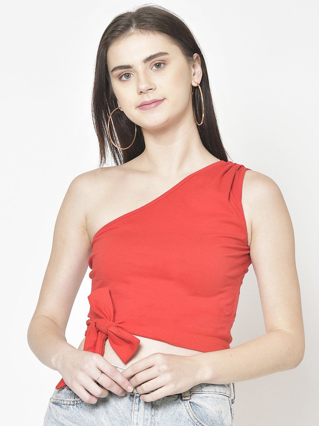 

Moda Rapido One Shoulder Cotton Crop Top, Red