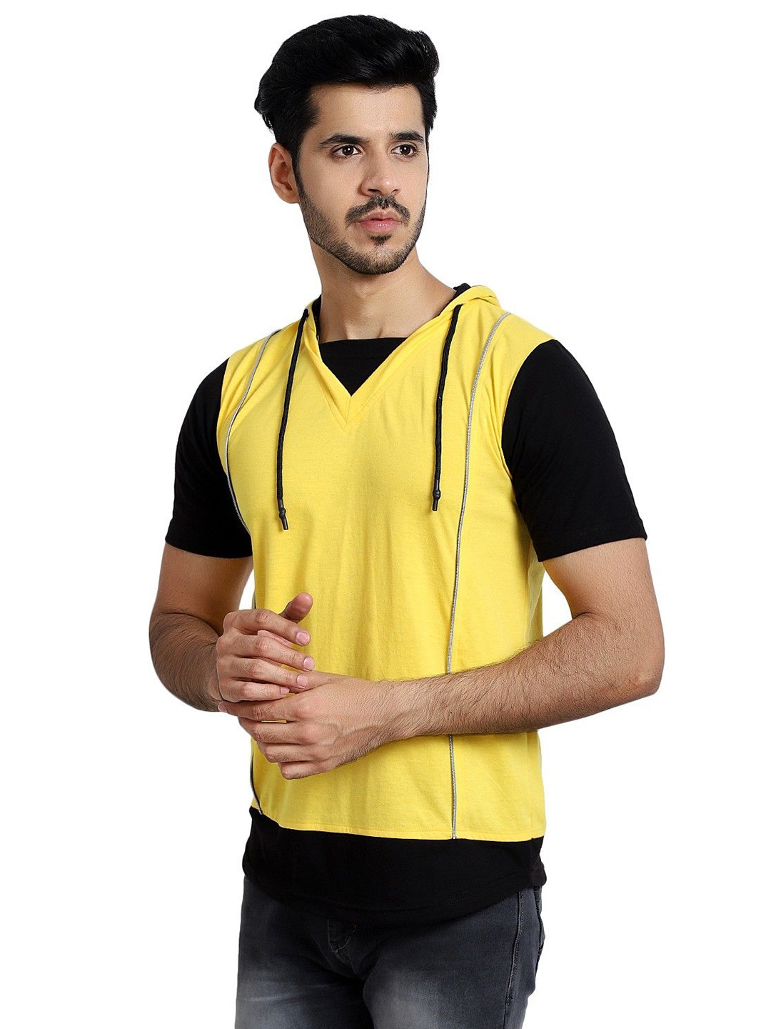 

Black Collection Men Solid Hood Cotton Slim Fit T-shirt, Yellow