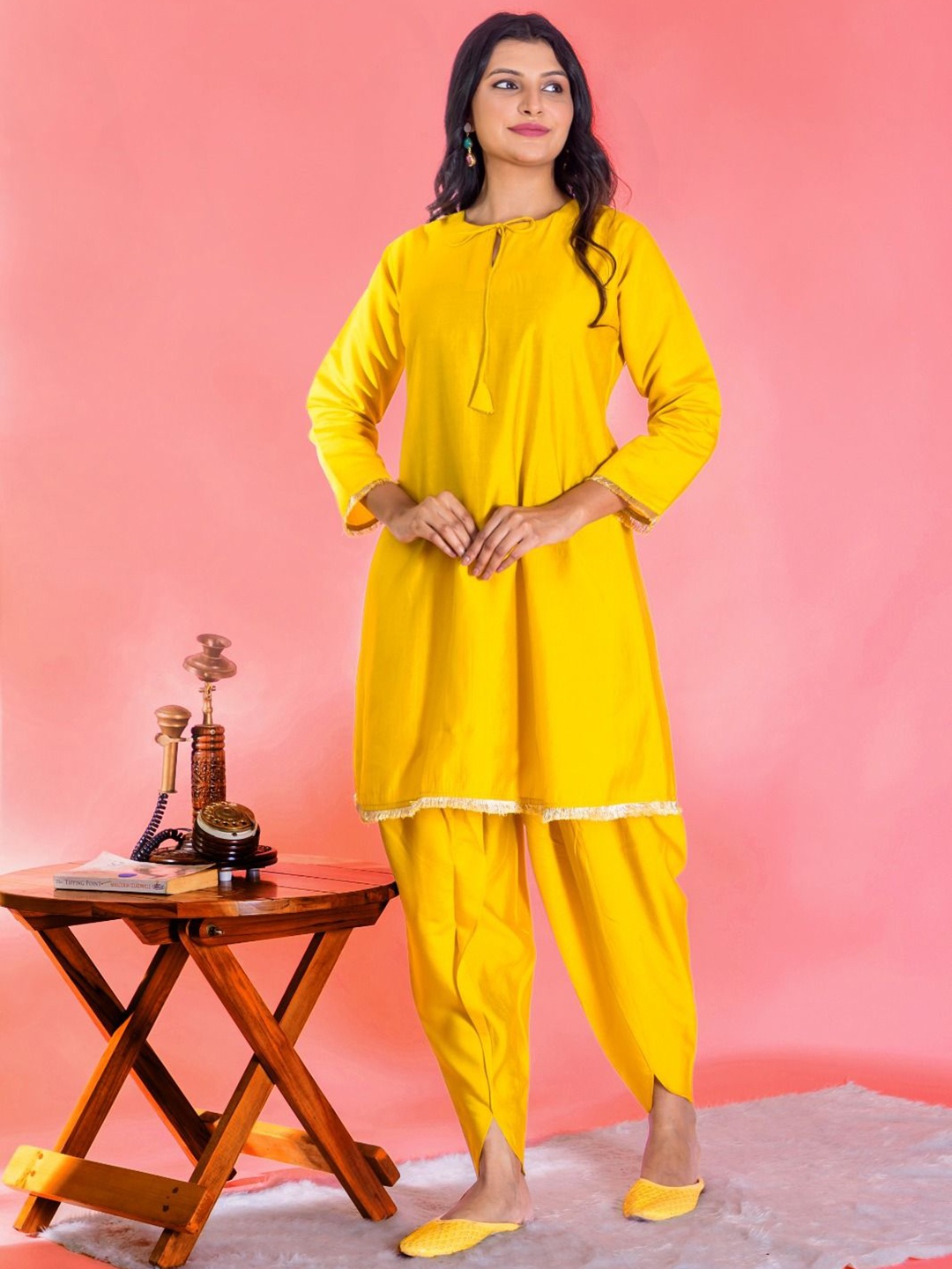 

SHISHKALA Women Regular Pure Silk Kurta with Dhoti Pants, Yellow