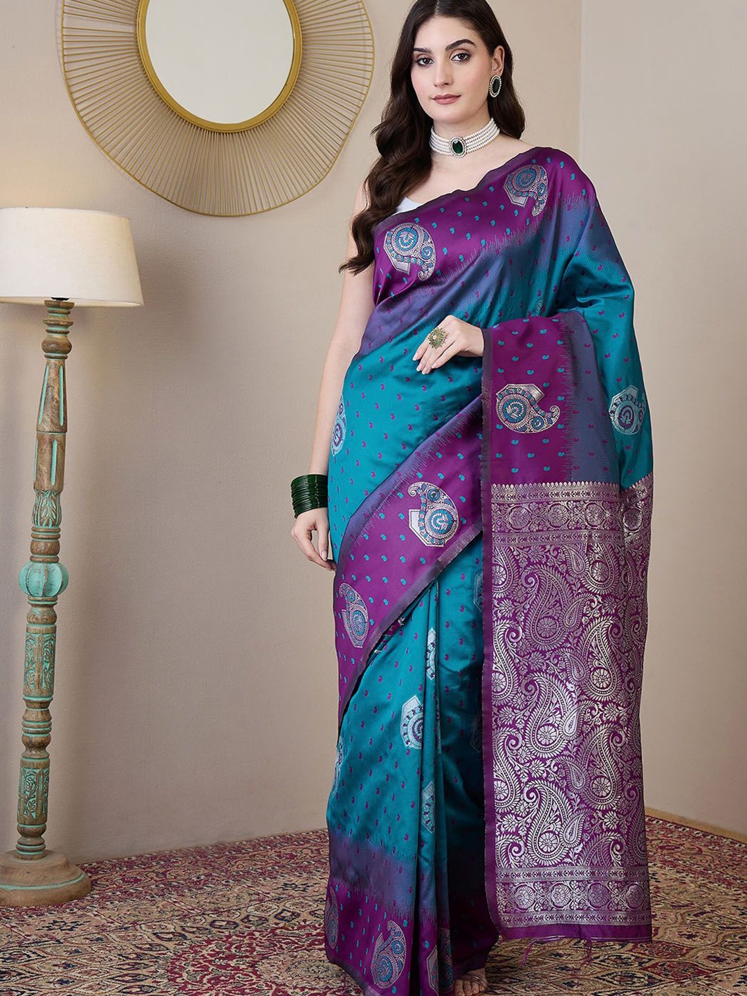 

KALINI Paisley Zari Silk Blend Banarasi Saree, Turquoise blue