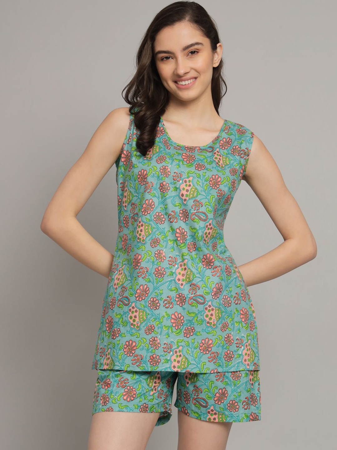 

COTNUF Printed Pure Cotton Night Suit, Green