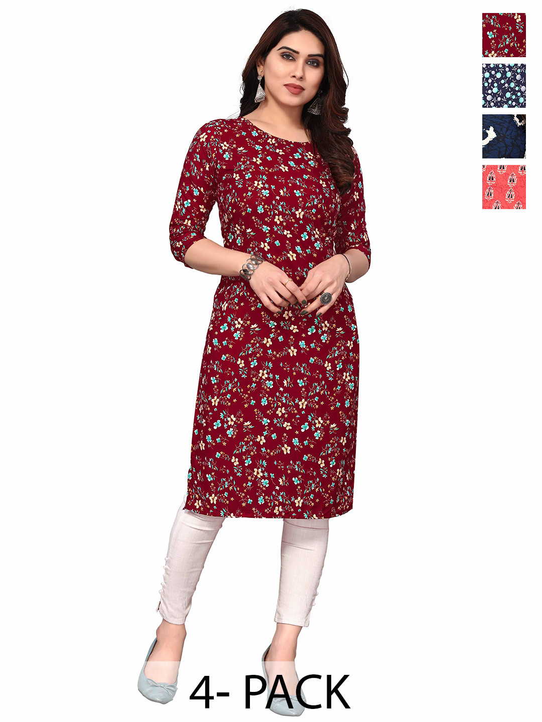 

KETAKI FASHION Selection Of 4 Floral Printed Round Neck Straight Kurtas, Maroon