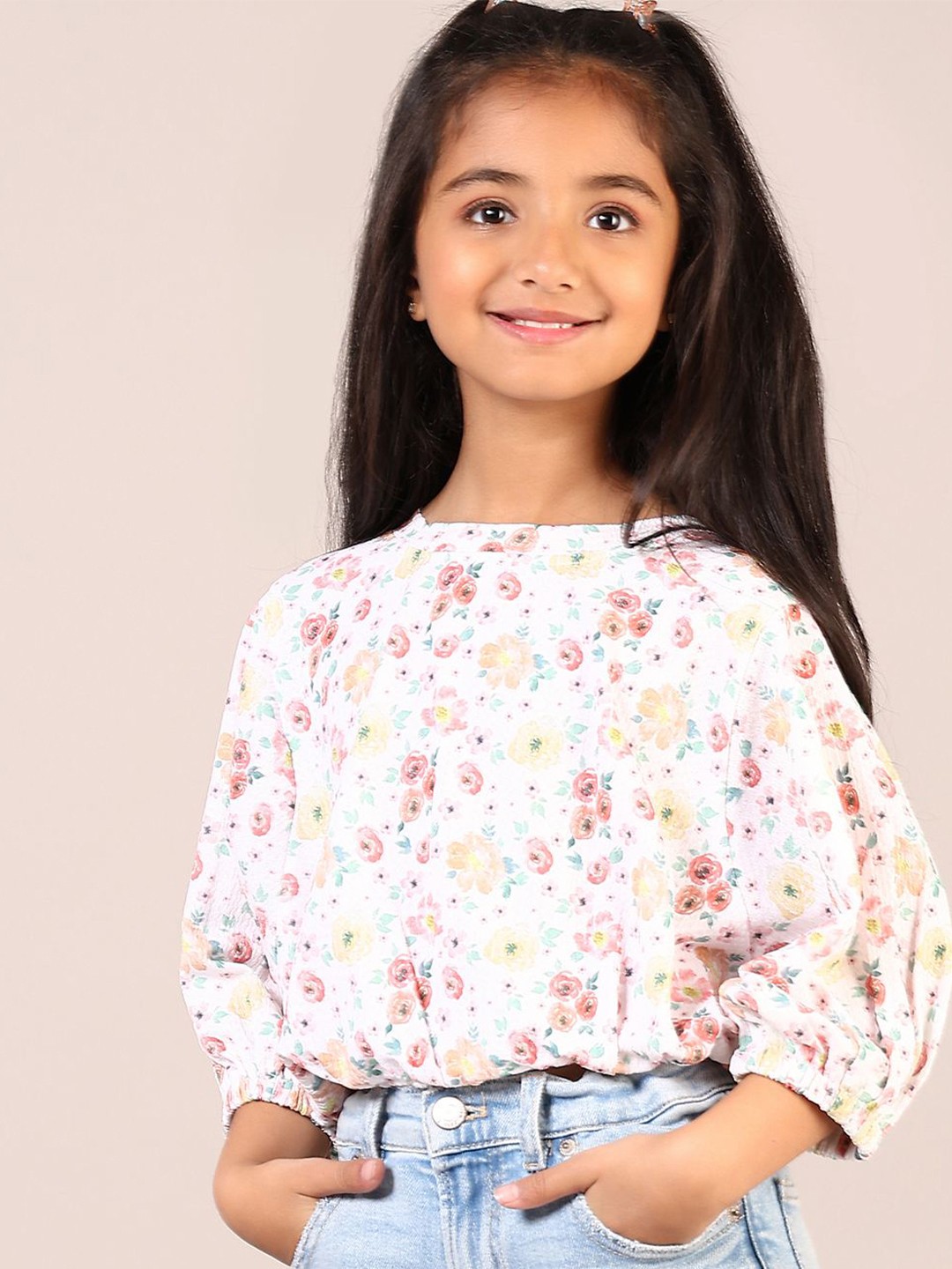 

V-Mart Kids-Girls Floral Print Cape Sleeve Cotton Top, Off white