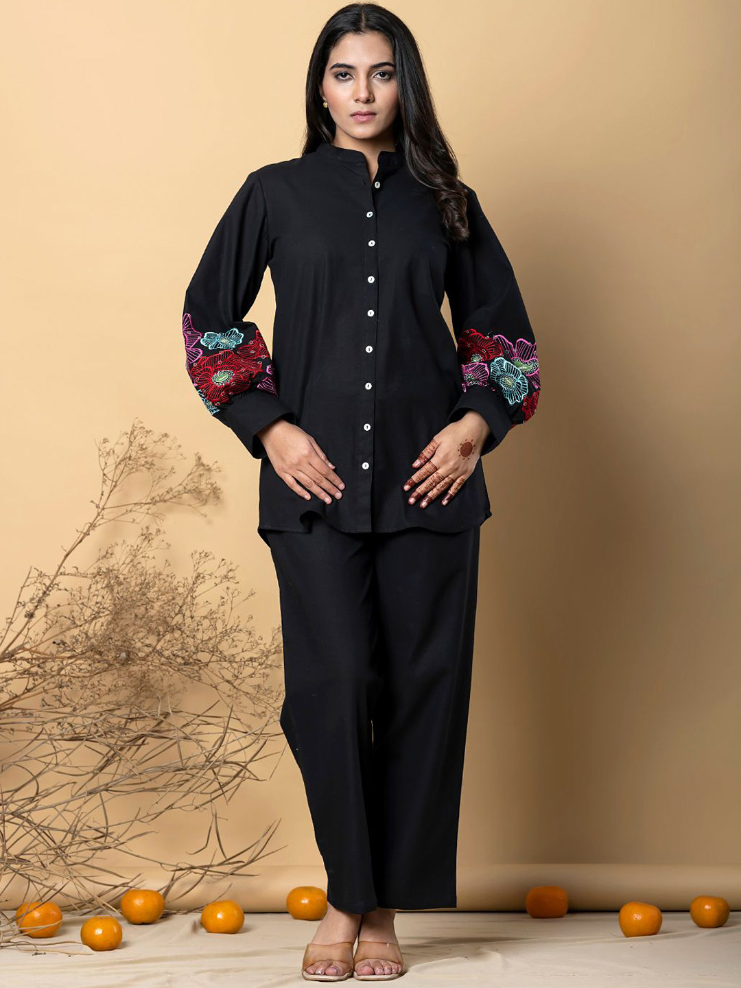 

Readiprint Floral Embroidered Mandarin Collar Top With Palazzos, Black