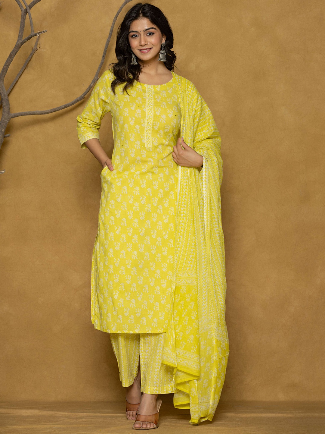 

KALINI Floral Printed Round Neck Pure Cotton Kurta With Trousers & With Dupatta, Yellow