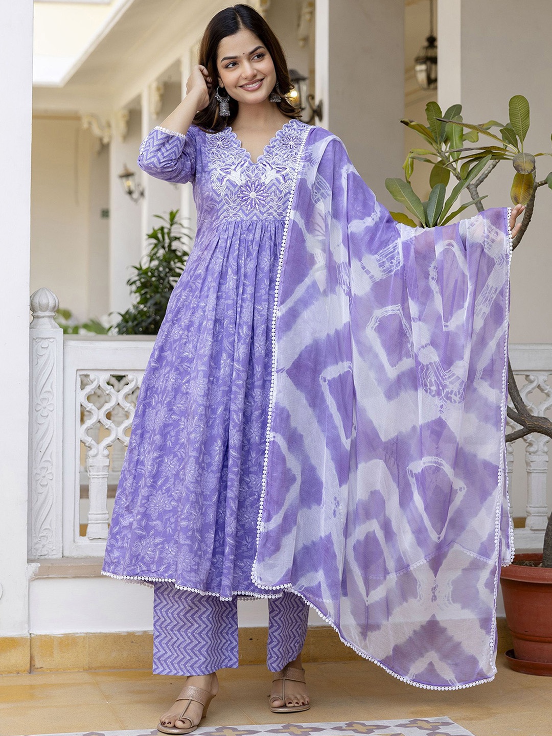 

EthniFlair Floral Printed Thread Work Pure Cotton Anarkali Kurta With Trousers And Dupatta, Purple