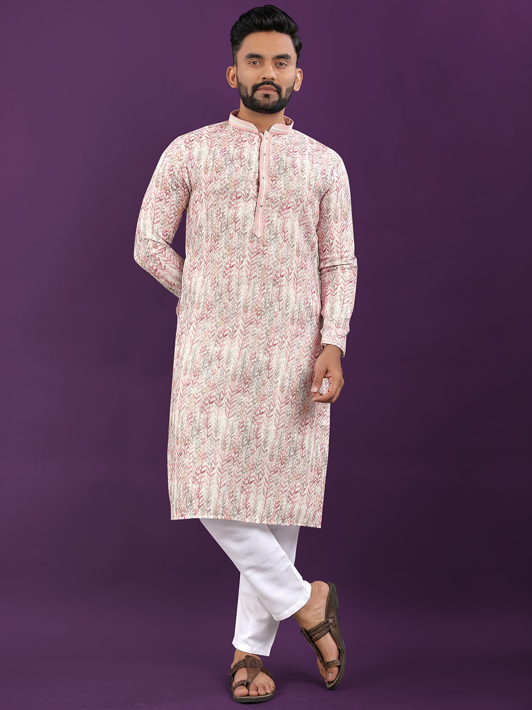 

Zurika Fashion Floral Printed Linen Mandarin Collar Stright Kurta, Peach