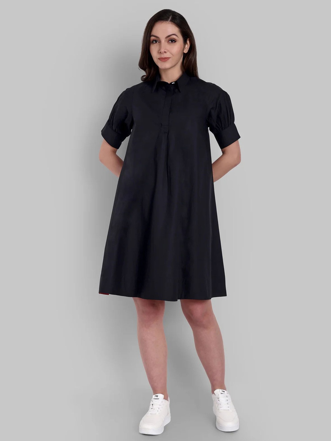 

Mera Rang Shirt Collar Cotton A-Line Cuffed Sleeves Dress, Black